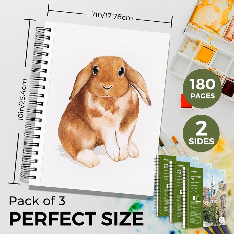 Funto Watercolor Pad 10x7, 3-Pack, 90 Sheets, 140 lb/300 GSM, Double-Sided, Cold Press, Spiral Bound, Heavyweight Paper for Watercolor Painting - Image 2